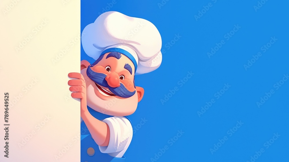 A fun loving cartoon character resembling a chef cook or baker playfully peeks from behind a sign enthusiastically pointing in the distance A fun loving cartoon character resembling a chef cook or baker playfully peeks from behind a sign enthusiastically pointing in the distance