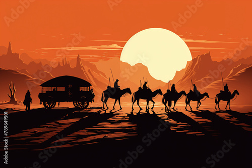 Traditional Arab caravan moving through a desert landscape, iconic cactus silhouettes enhancing the arid environment