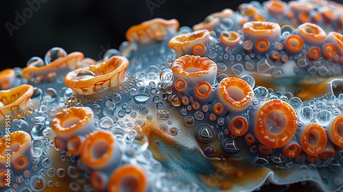 Closeup of an octopuss tentacles with bubbles underwater photo