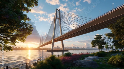 An Architecturally Stunning Bridge Spanning a Vast River, Its Elegant Design Seamlessly Connecting Two Bustling Cityscapes photo
