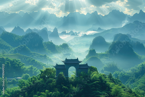  A panoramic view of the Guilin landscape, showcasing its picturesque mountains and lush greenery. Created with Ai