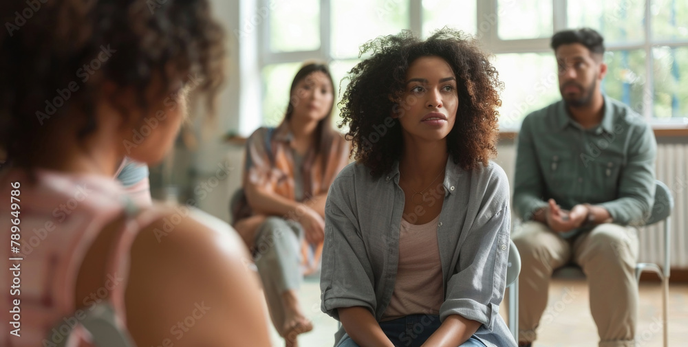 A group of diverse individuals sitting in chairs in a well-lit room, engaged in conversation or listening to a speaker A group of diverse individuals sitting in chairs in a well-lit room, engaged in conversation or listening to a speaker
