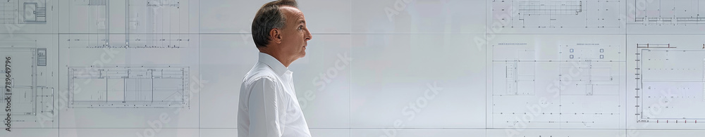 A man standing upright facing a white wall in an empty room A man standing upright facing a white wall in an empty room