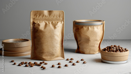  3D rendering of coffee packaging mockup with a brown paper bag and two to-go cups on a white background. There are some green leaves around the coffee beans in the front view. Created with Ai