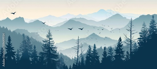 illustration of mountain landscape with forest and flying birds under cloudy sky with dawn. AI generated illustration © Gulafshan