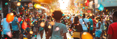A diverse group of individuals walking down a busy city street while colorful confetti fills the air around them, creating a festive atmosphere photo