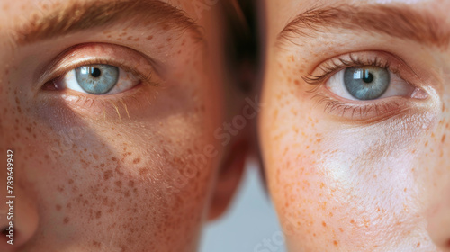 Closeup, eyes and vision with portrait, people and compare for optical care and eyesight or optometry together. Woman, twins or support with face, family and healthcare with genetics and skin freckle
