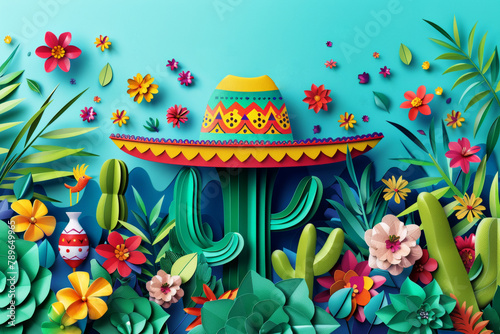 Mexican holiday frame flat lay with sombrero hat, maracas, © Denira