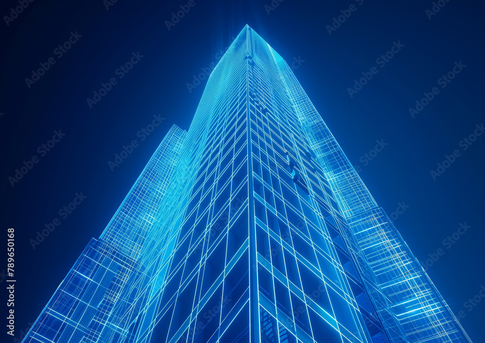 Line-based visualization: glowing skyscraper on translucent background