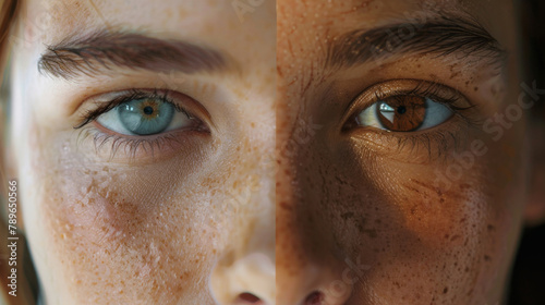 Closeup, eyes and heterochromia with portrait, people and vision for optical care and optometry. Woman, skin and collage for dermatology treatment, skincare and chemical peel compare or uv radiation