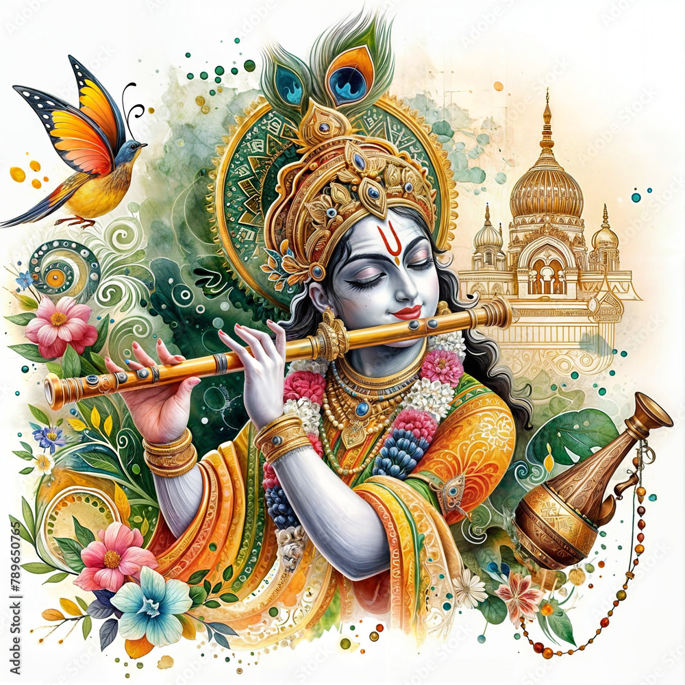 Watercolor illustration for the festival of vishu with a lord krishna and Side blown flute for social media poster created with generative ai	
 - obrazy, fototapety, plakaty 