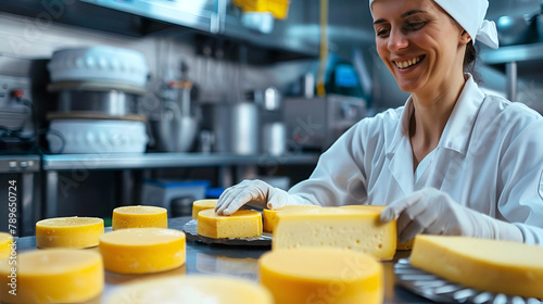 Female cheese maker inspecting freshly prepared cheese wheels on a stainless steel countertop photo