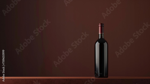 A bottle of red wine on a wooden table against a dark background. The bottle is dark green and has a red cap.