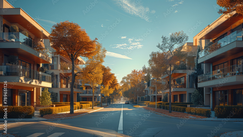 Modern residential street with modern houses, trees in autumn colors, octane render. Created with Ai