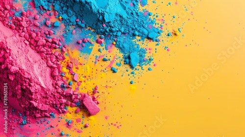 Abstract colorful powder explosion on yellow background. Pink, blue and yellow pigments. photo