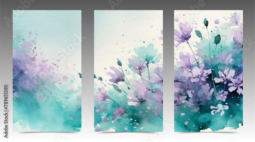 Watercolor cover collection. Floral pattern, abstract design, purple and turquoise colors. Elegant template for wedding, card, anniversary and special greeting.