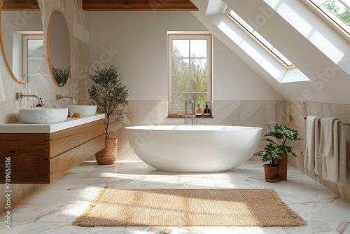  A bright and airy bathroom with natural light streaming in through skylights  featuring an elegant freestanding bathtub on the right side of the frame  two sink cabinets to the left side of the frame