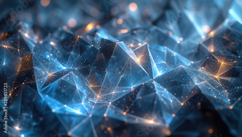  Abstract futuristic background with blue glowing polygonal shapes and golden lights on dark background, data technology concept. Created with Ai photo