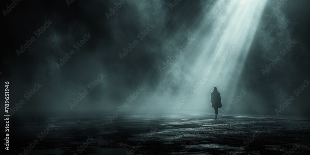 In the night, a solitary man walks through the fog, engulfed by feelings of loneliness - obrazy, fototapety, plakaty 