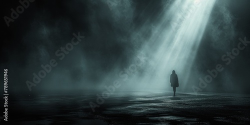In the night, a solitary man walks through the fog, engulfed by feelings of loneliness photo