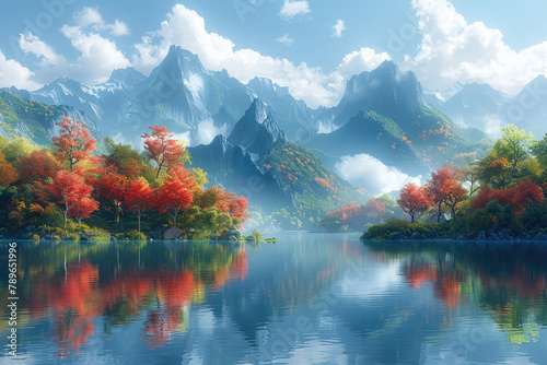 Beautiful autumn scenery, mountains and trees on both sides of the lake, clouds in the sky, reflection on water surface. Created with Ai