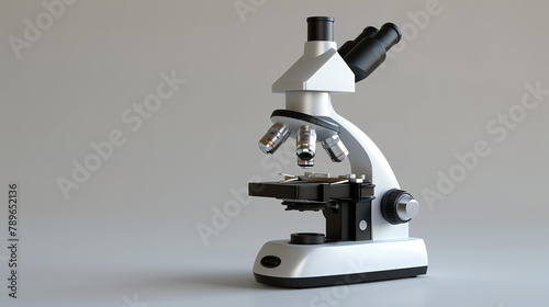 3D illustration of a modern microscope on a white background with a gradient. The microscope is in focus and the background is blurred.