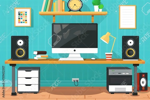 Office workstation design. Office workstation with personal computer speakers paper folders printer flat design vector illustration .
