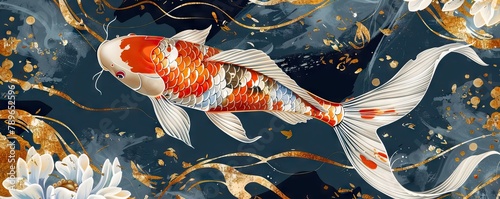 Asian background ,Oriental Japanese style abstract pattern background design with koi fish decorate in water color texture. AI generated illustration