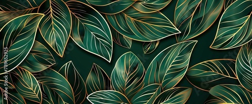 Luxury golden art deco wallpaper. Nature background. Floral pattern with golden split-leaf Philodendron plant with monstera plant line art. AI generated illustration