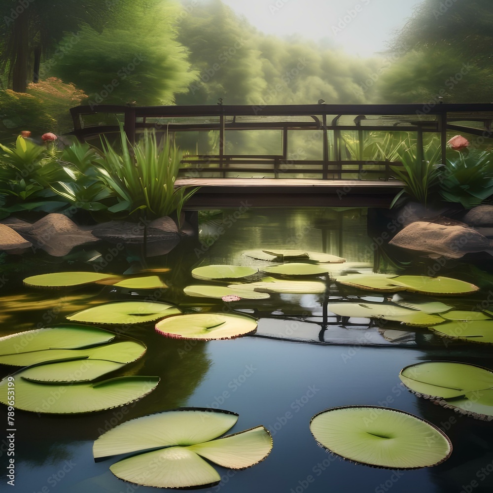 A tranquil pond with water lilies and a wooden bridge2