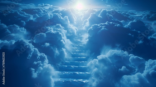 A stairway in the cumulus clouds connects the world with the sky photo