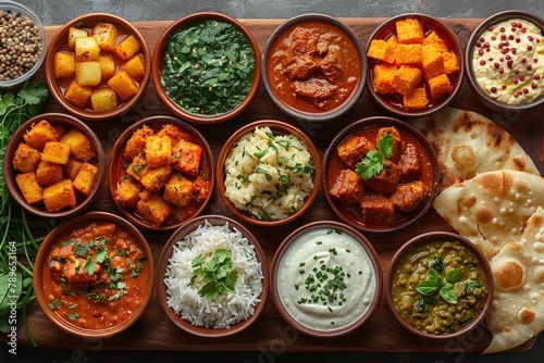 Desi, Indian traditional food set, top view. pizza, hummus, biryani, chicken curry, momos, tikka, korma, samosas. Food collection set on black background. Ramadan iftar food collection set.