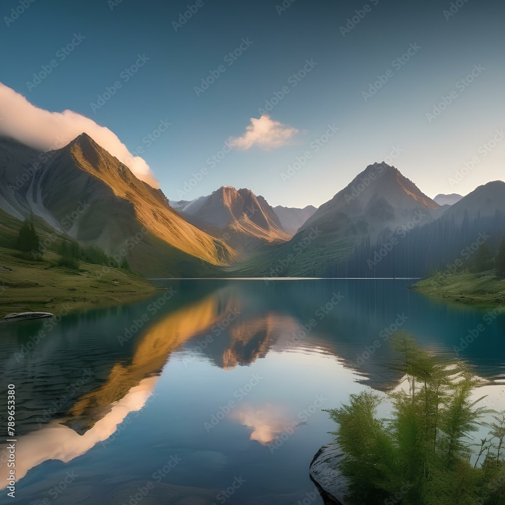 A serene mountain lake reflecting the surrounding peaks5