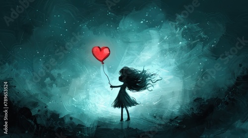 An adorable girl holds a heart-shaped balloon, celebrating love on Valentine's Day with feminine grace.