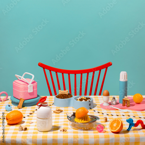 Colorful Breakfast and Dog Toys Setup photo