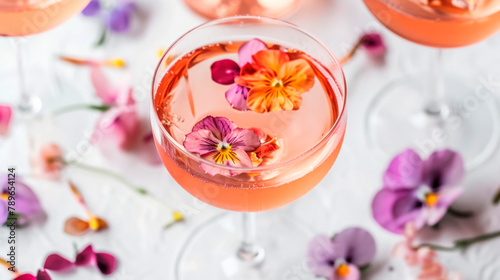 A closeup shot of a glass of wine with vibrant purple and orange flowers inside  surrounded by more flowers on the tableware