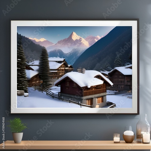 A picturesque alpine village with snow-capped peaks1