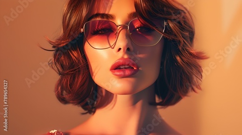 Stylish Modern Woman in Sunglasses with Natural Makeup. Glamorous Feminine Portrait, Fashion and Beauty Concept. Soft Warm Lighting Highlights Elegance and Confidence. AI