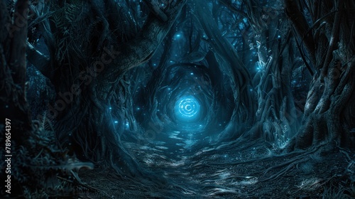 A dark forest tunnel with a spiral light at the end. The tunnel is surrounded by roots and the light is a blue color. photo