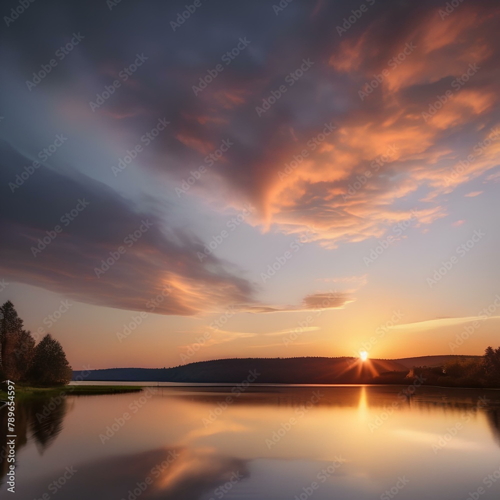A dramatic sunset over a calm lake3
