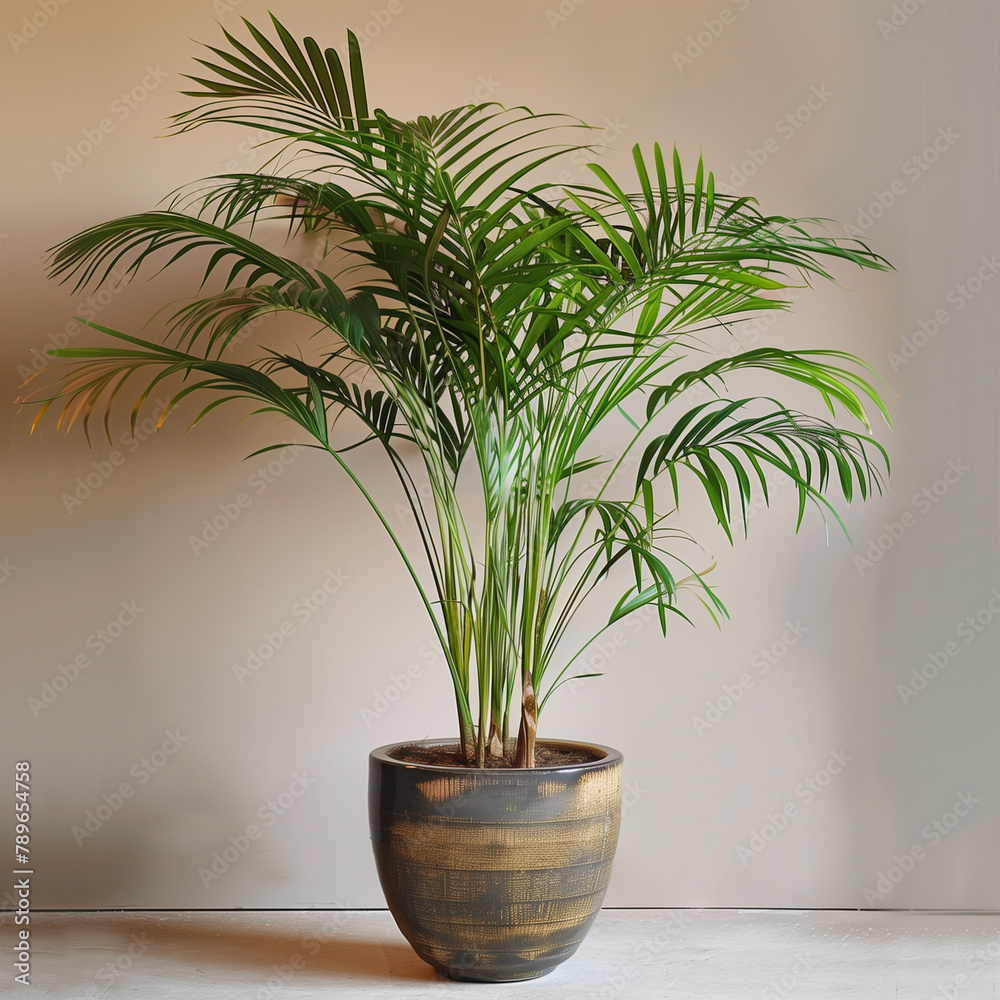Sunlit areca palm majesty in a serene indoor setting