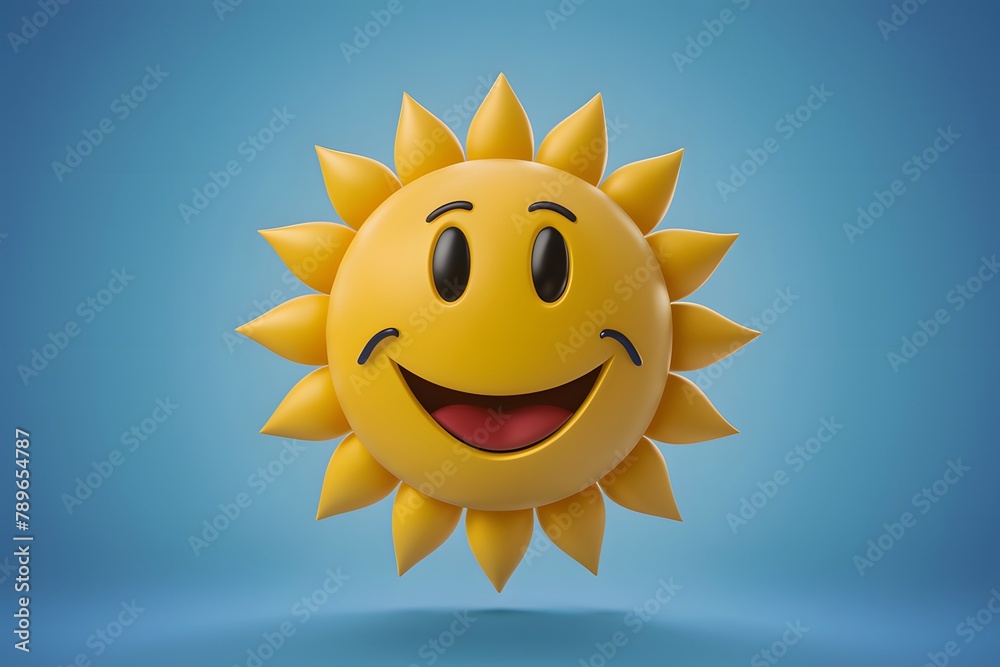 View 3D smiley happy sun with blue background Bright 3D smiley sun character against a cheerful blue backdrop