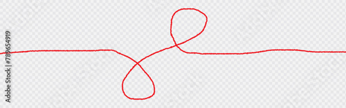 a red silk thread looped in a circle form, extending on both ends, symbolizing the red thread of fate in chinese tradition, on a pure white background with copy space.Line of red yarn, long red thread
