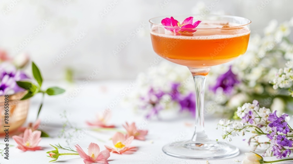 A stunning closeup of a cocktail in a champagne glass with beautiful flowers in the background. The elegant stemware showcases the vibrant liquid, making it a perfect drinkware for any occasion A stunning closeup of a cocktail in a champagne glass with beautiful flowers in the background. The elegant stemware showcases the vibrant liquid, making it a perfect drinkware for any occasion