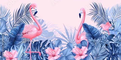 Watercolor tropical wildlife, flamingo bird, seamless. Hand Drawn jungle nature, flowers illustration. Print for textile, cloth, wallpaper, scrapbooking. AI generated illustration