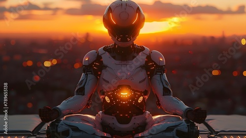 Humanoid robot practicing yoga on a city rooftop at sunset. Conceptual image of inner well-being