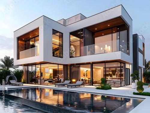 Modern single-family house of geometric shapes with white colors and glass finishes at sunset