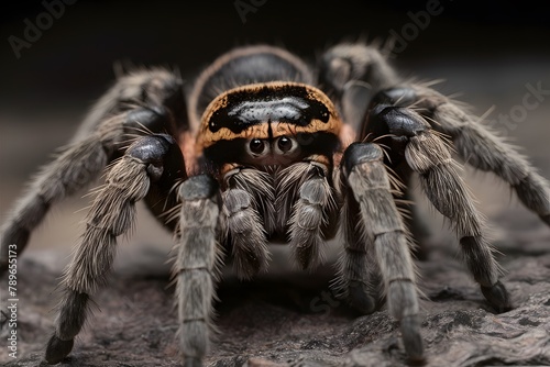 Spooky tarantula staring camera macro Terrifying macro shot of a tarantula intensely staring at the camera