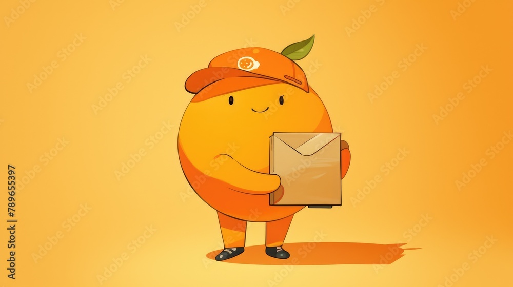 An orange cartoon character is taking on the role of a delivery courier officer An orange cartoon character is taking on the role of a delivery courier officer