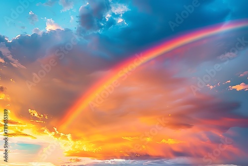 Rainbow in The Sky at Sunset. Image of beautiful sky at dusk with colorful clouds and a rainbow for abstract background. .